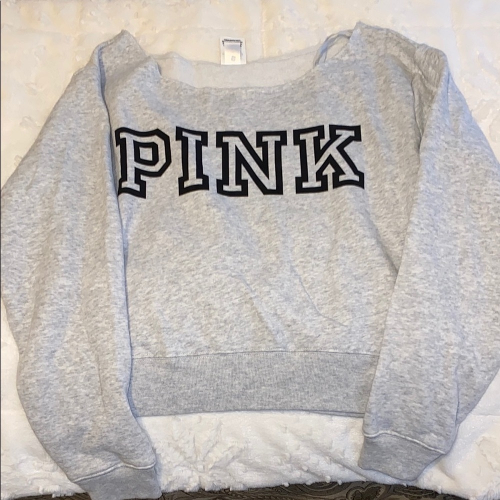 PINK Victoria’s Secret Gray Off The Shoulder Crop Top Lightweight Sweatshirt